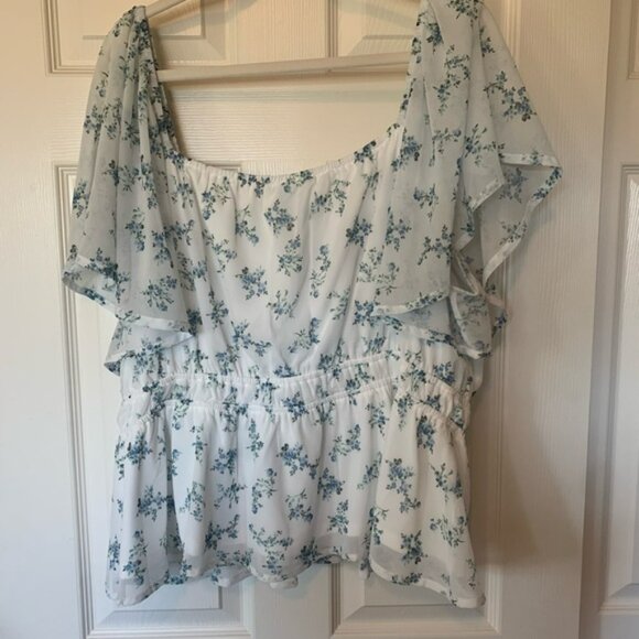 Arula Floral White and Blue Women's Flutter Sleeve Cottagecore Blouse | 2X NWT - Picture 7 of 7